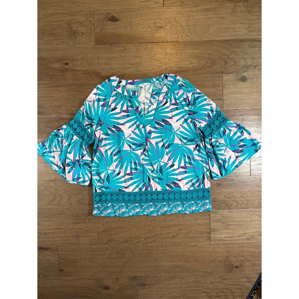 Crown & Ivy Womens Teal Tropical Palm Print‎ Bell Sleeve Crochet Lace Top Large